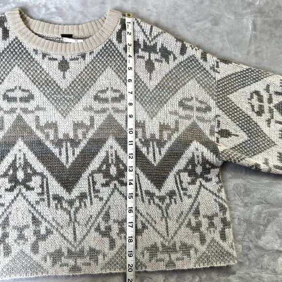 Free People Crop Sweater Top Western Print Ivory Tan Wool Blend Sz XS Oversized - Picture 5 of 8